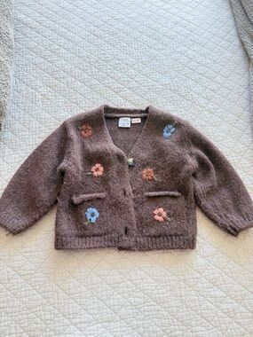 ZARA Brown Cardigan with Pink & Blue Floral Embroidery